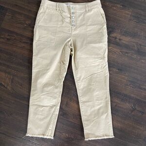 LOFT Button Fly High Rise Ankle Pants Khaki Raw Unfinished Hem Size 14